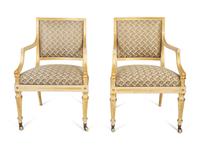 A Pair of Regency Painted and Parcel Gilt Open Armchairs — 19TH CENTURY