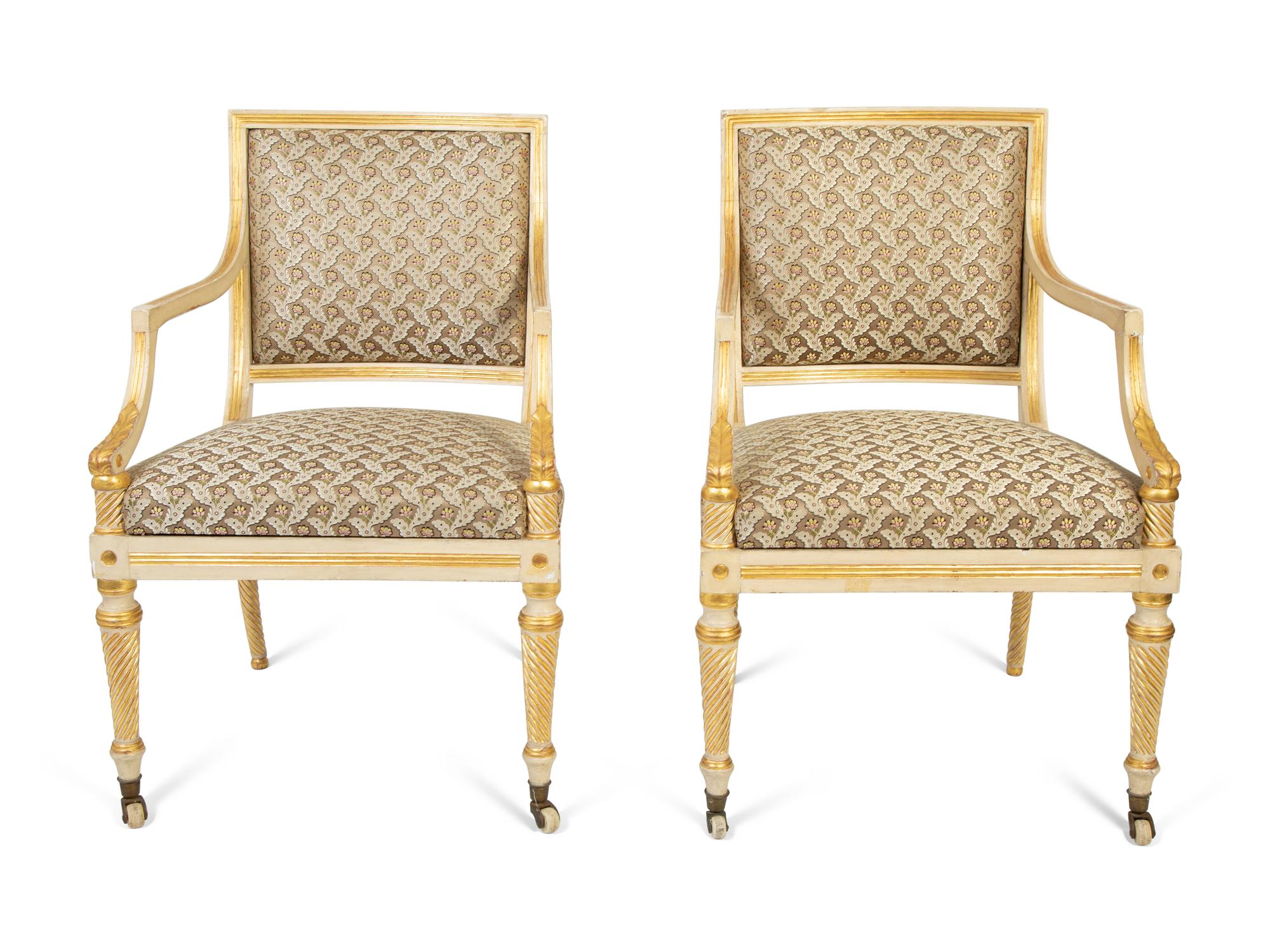 A Pair of Regency Painted and Parcel Gilt Open Armchairs — 19TH CENTURY