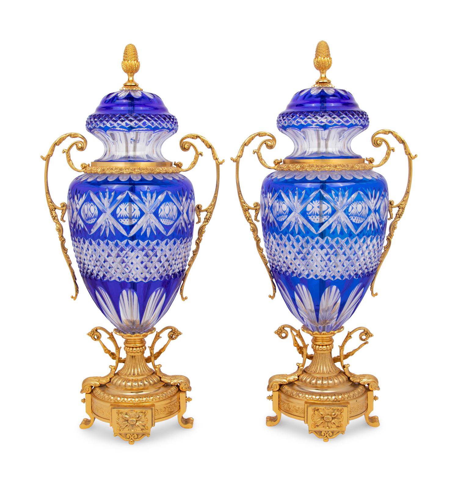 A Pair of Gilt Bronze Mounted Cobalt Blue Cut-to-Clear Glass Urns