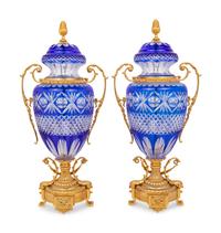 A Pair of Gilt Bronze Mounted Cobalt Blue Cut-to-Clear Glass Urns