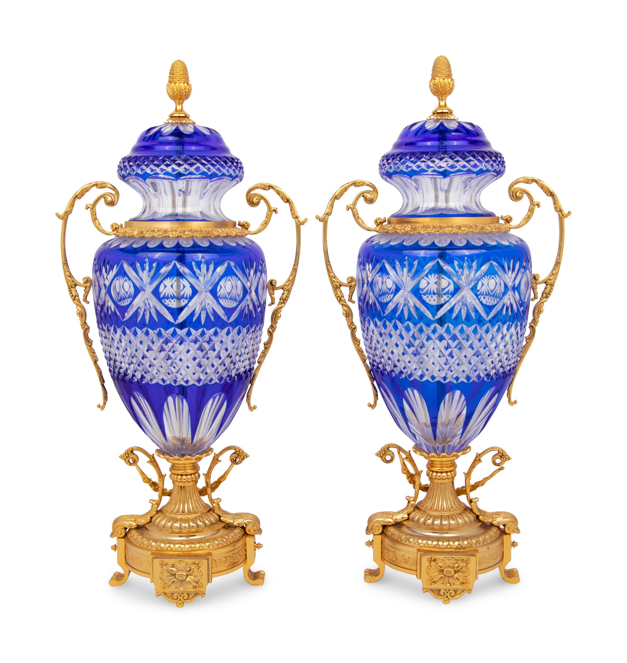 A Pair of Gilt Bronze Mounted Cobalt Blue Cut-to-Clear Glass Urns