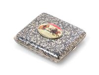 A Russian Niello Silver Cigarette Case, Maker's mark CC, city mark likely Kostroma, late 19th/early 20th century, the lid centered by a