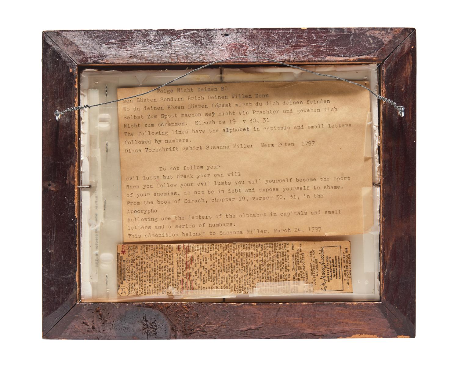 A Fraktur Vorschrift for Susan Miller, Attributed to Christian Alsdorff (1760-1838), Lancaster, Pennsylvania