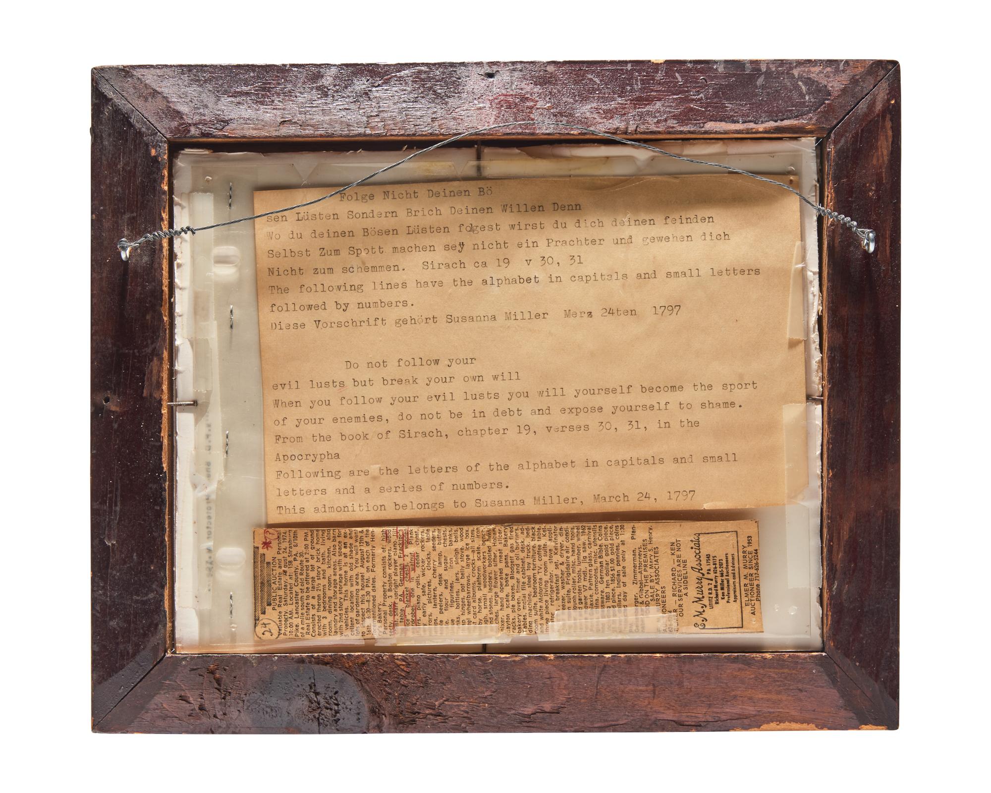 A Fraktur Vorschrift for Susan Miller, Attributed to Christian Alsdorff (1760-1838), Lancaster, Pennsylvania