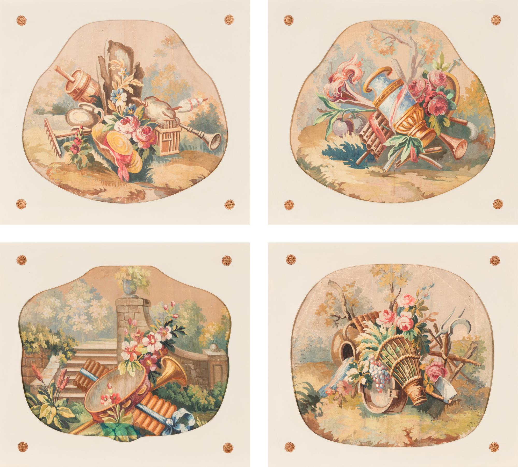 A Set of Four French Gouache Tapestry Cartoons for Seat Covers