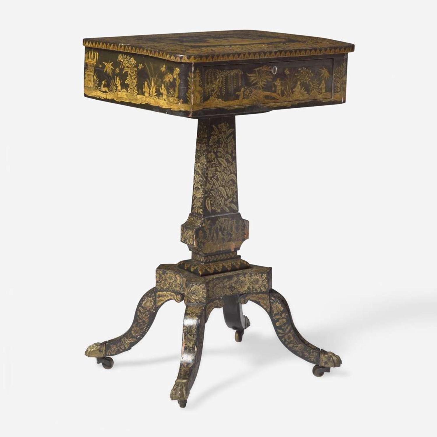 A Regency Chinoiserie penwork sewing stand early 19th century