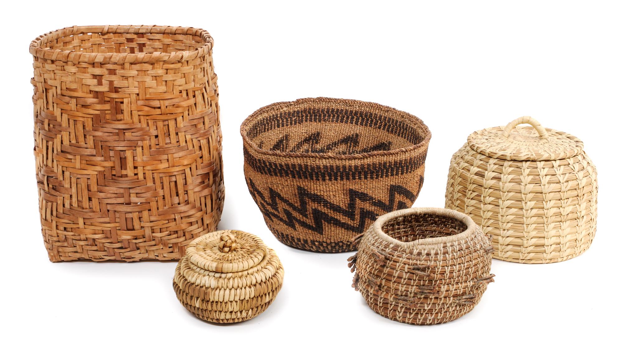 Five Native-Made Baskets Height of tallest 9 inches.