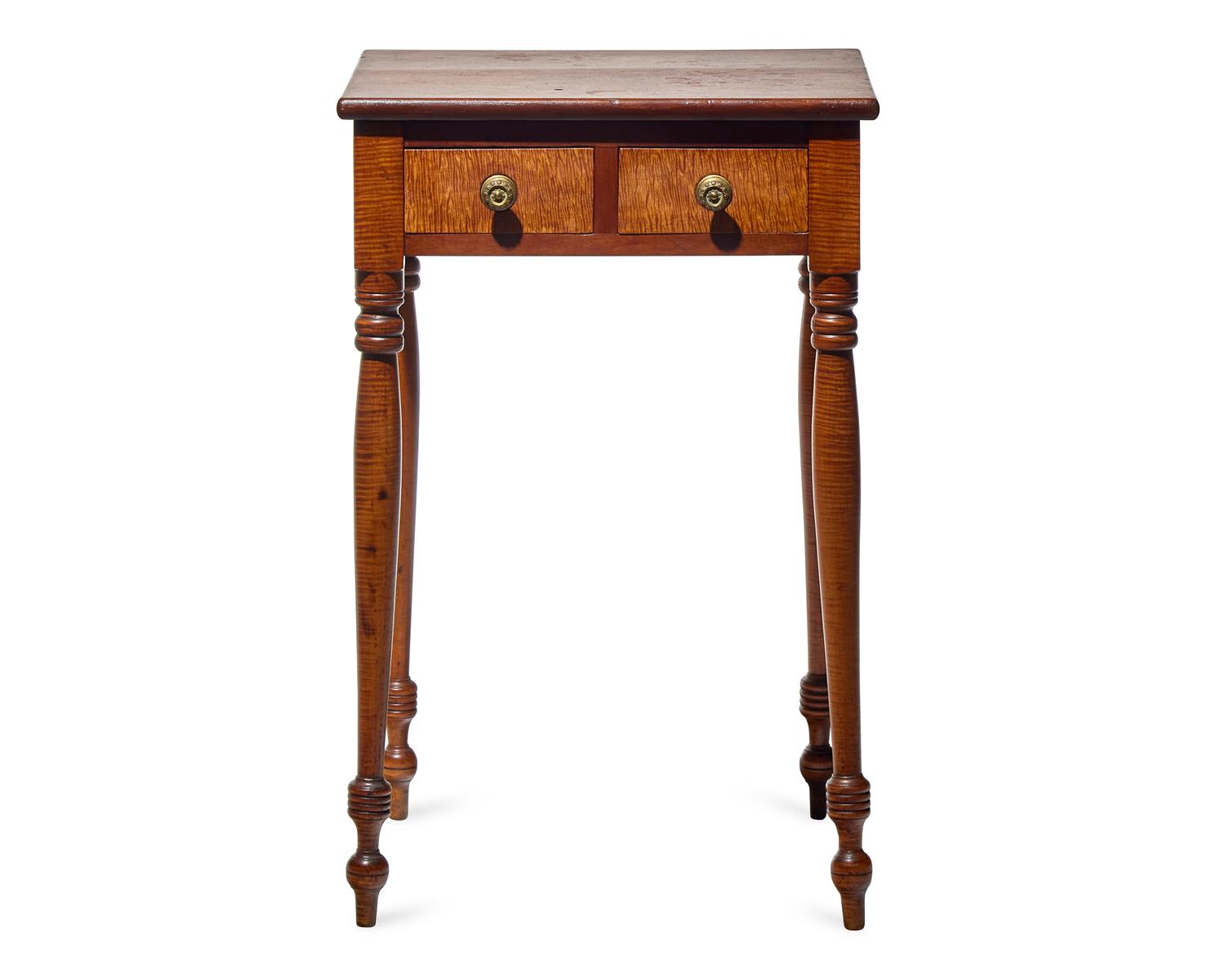 A Late Federal Tiger Maple and Cherrywood Two-Drawer Work Table, Circa 1825