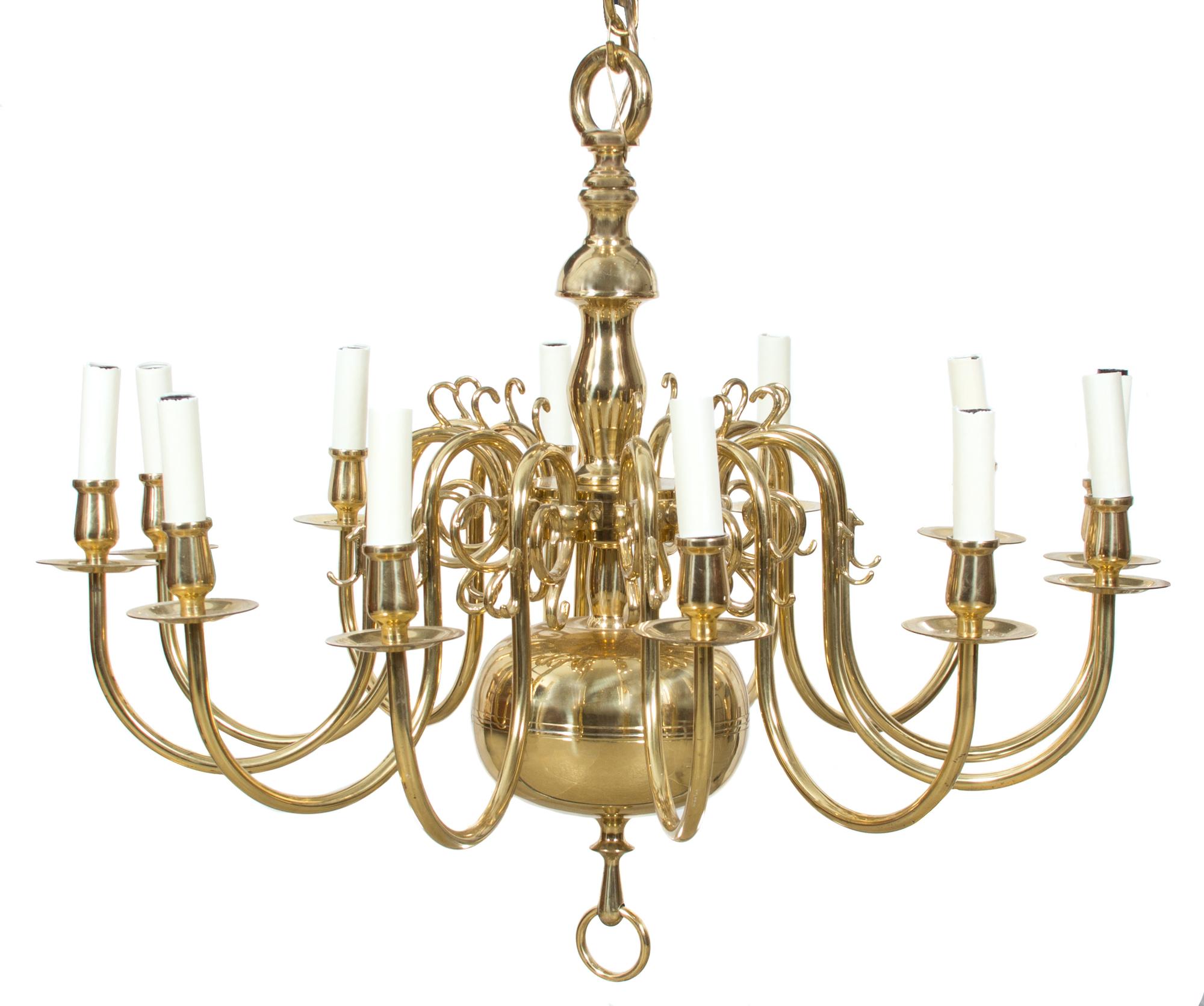 A Federal Style Brass Twelve-Light Chandelier Height 28 x diameter 32 inches. — 20TH CENTURY