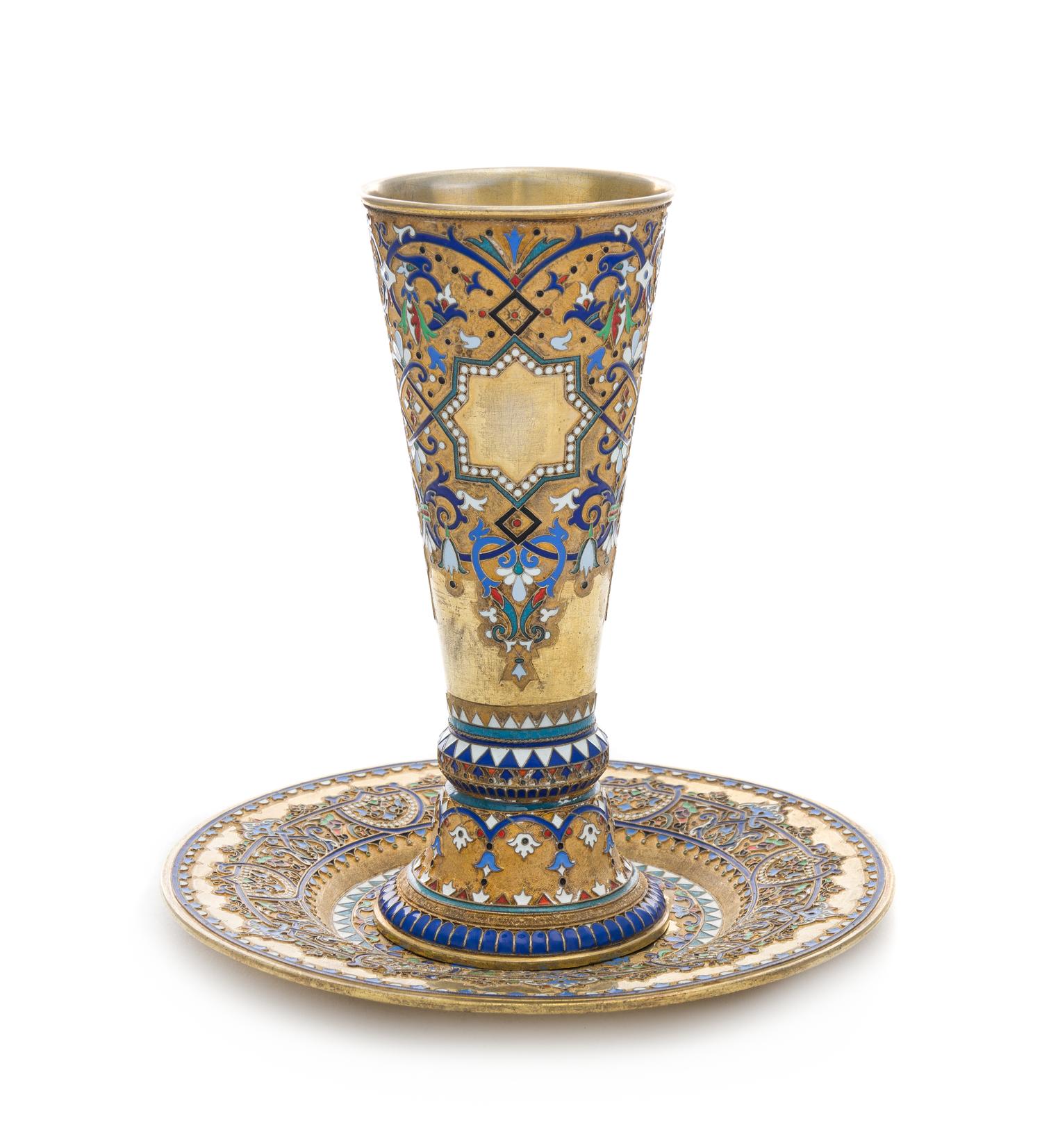 A Russian Silver-Gilt and Enamel Beaker and Underplate, Mark of Ivan Andreyev, Assay of Viktor Savinsky, Moscow, 1887, each having poly