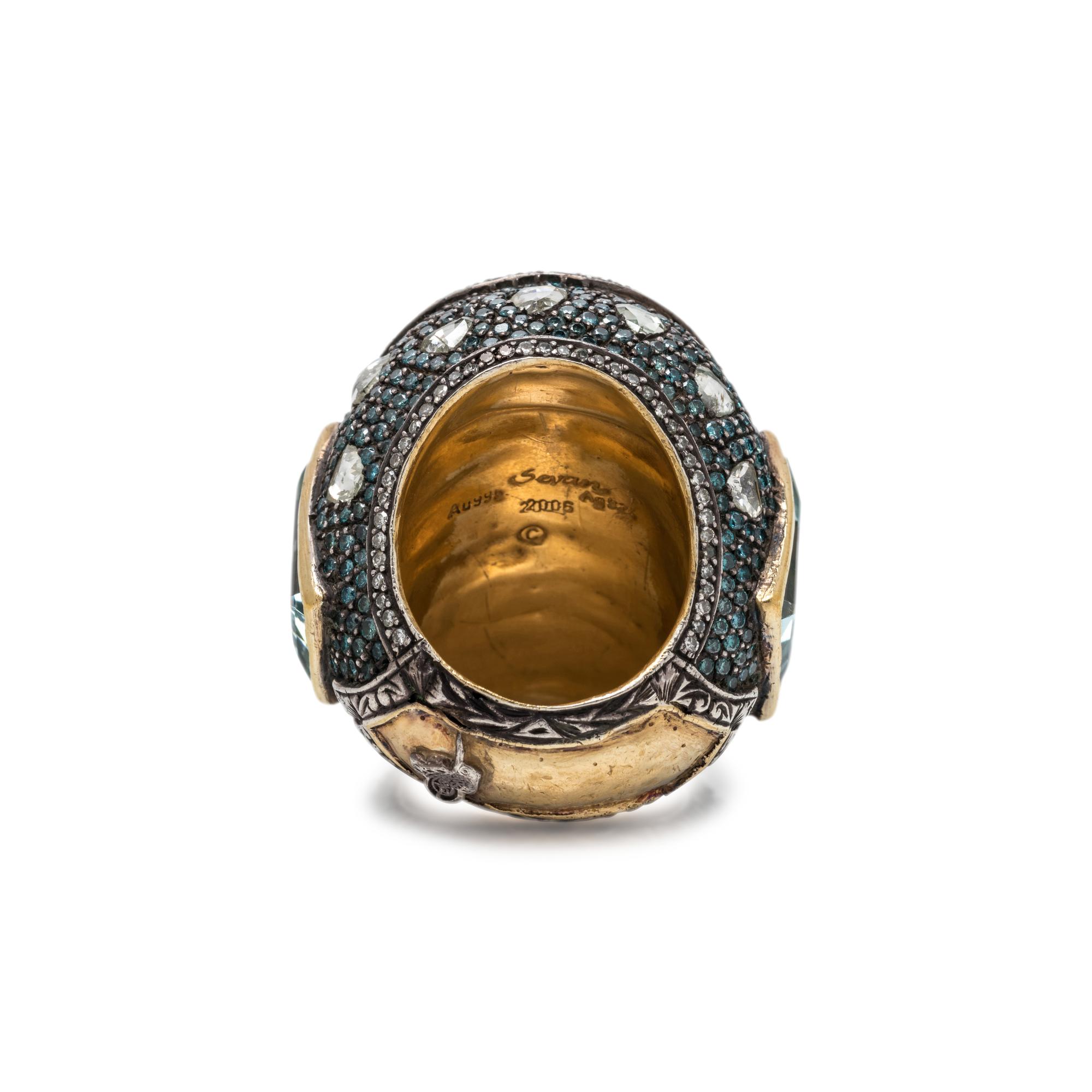 SEVAN BICAKCI, CARVED QUARTZ, AQUAMARINE AND DIAMOND RING