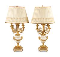 A Pair of Louis XVI Style Gilt Bronze and White Marble Six-Light Candelabra