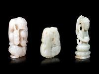 Three Chinese Celadon Jade Carved Figures of Immortals