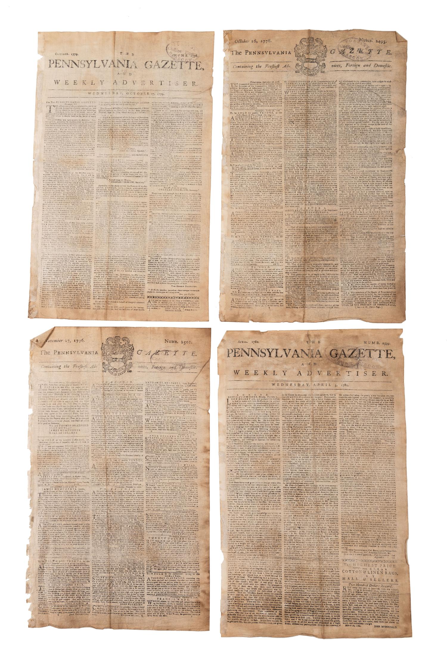 [COLONIAL] Late 18th Century receipts, including the Indian Queen Tavern, and copies of the Pennsylvania Gazette.