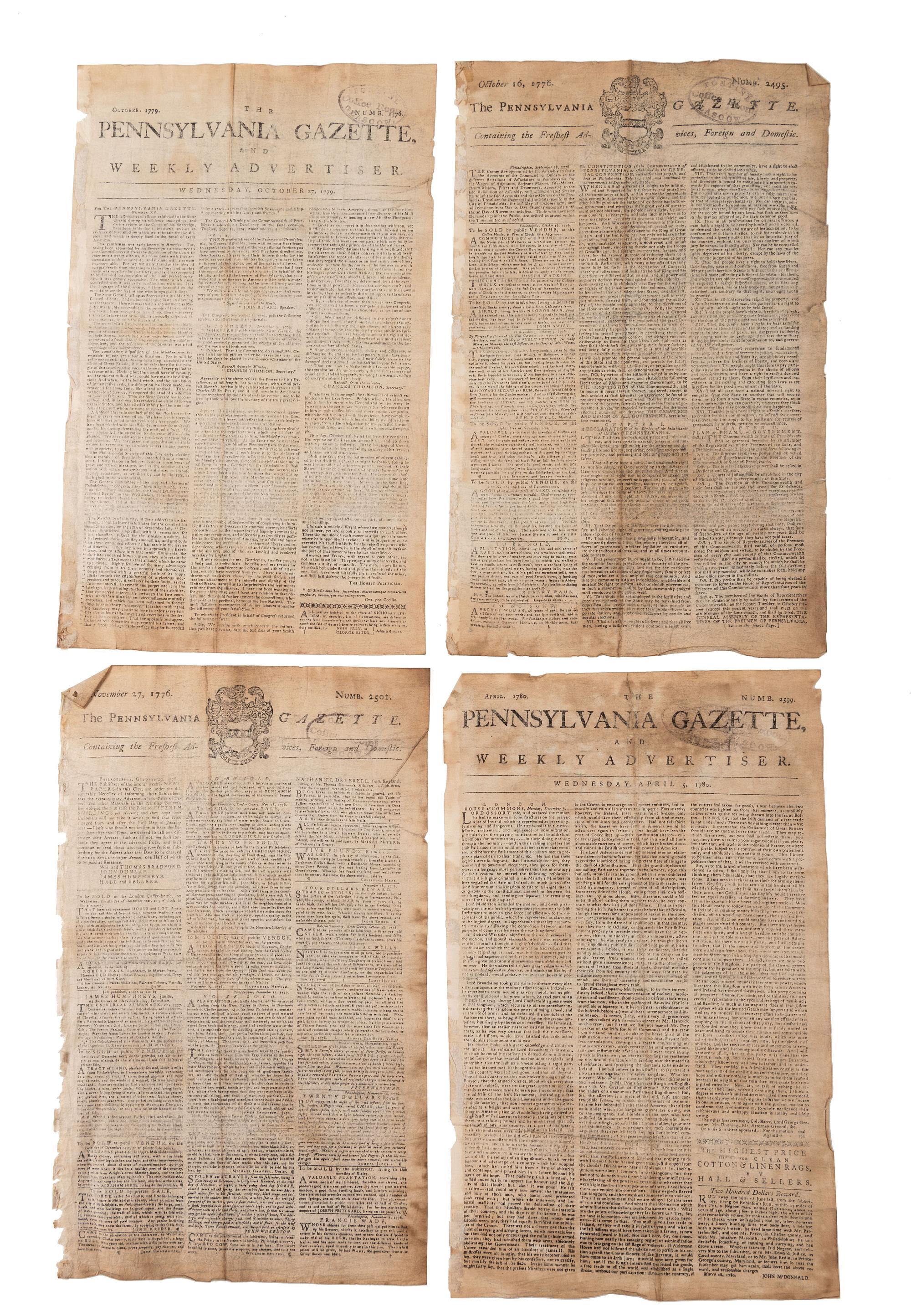 [COLONIAL] Late 18th Century receipts, including the Indian Queen Tavern, and copies of the Pennsylvania Gazette.