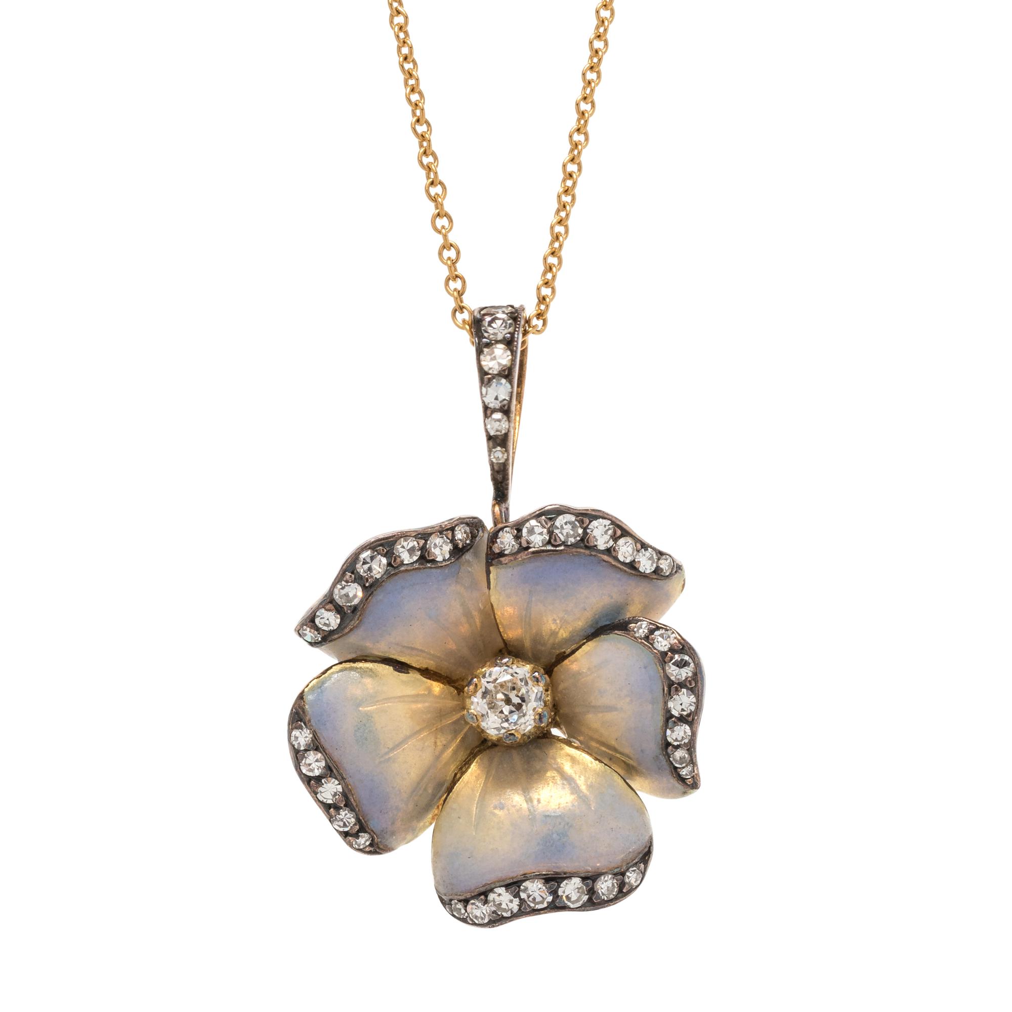 EVELYN CLOTHIER, DIAMOND AND ENAMEL FLOWER PENDANT/NECKLACE