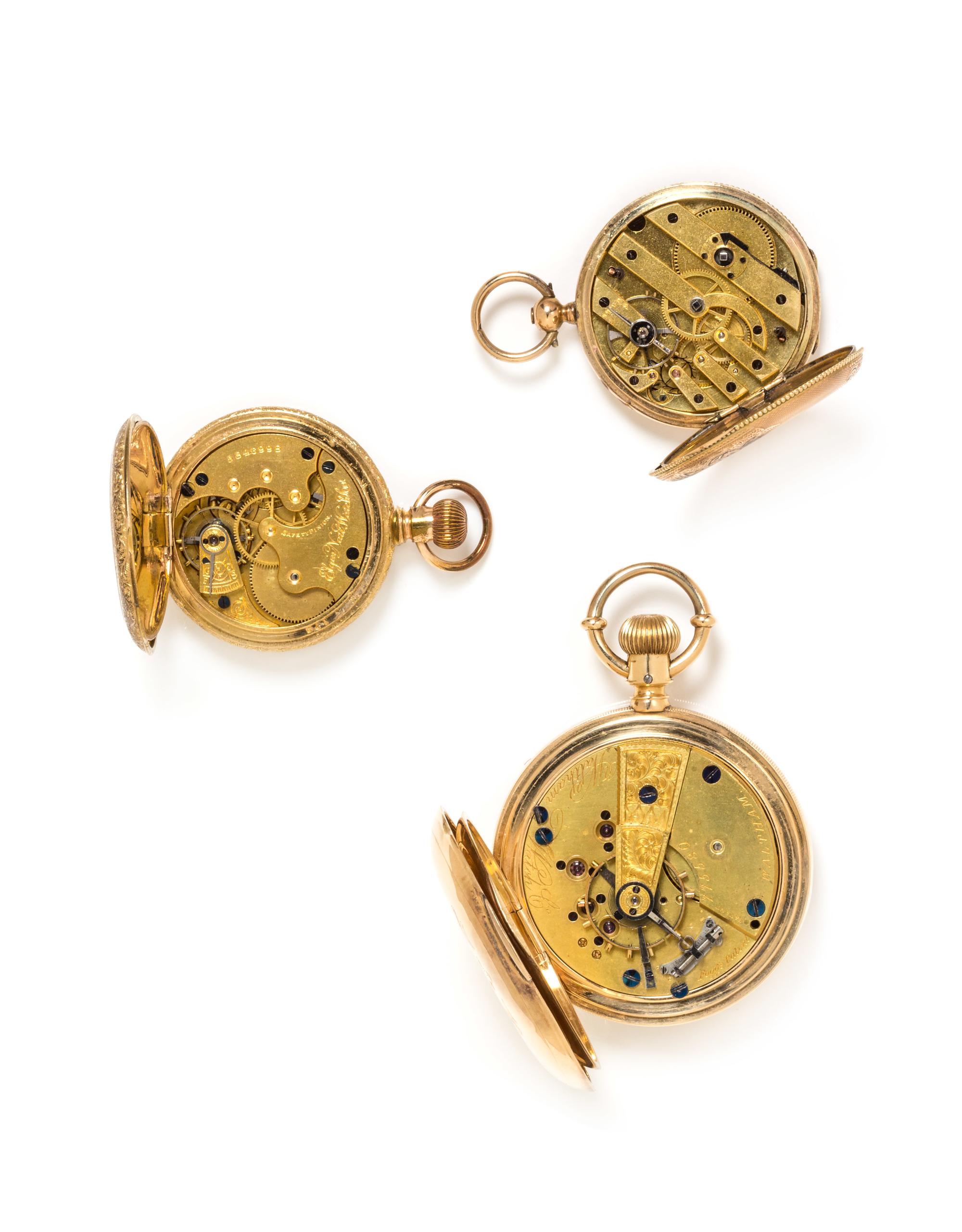 A Collection of 18 and 14 Karat Yellow Gold Pocket Watches, Elgin and Waltham, 144.10 dwts.