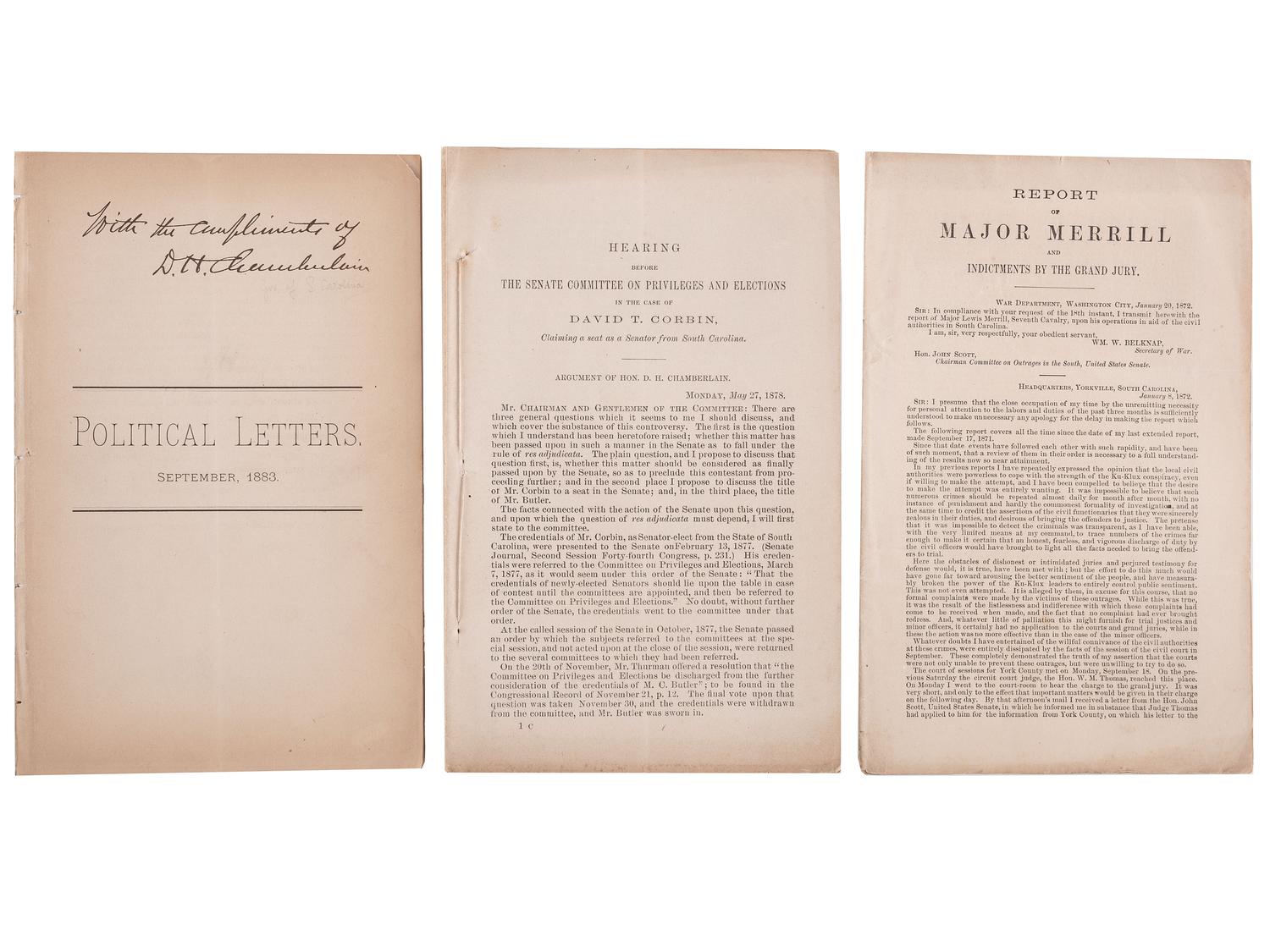 [RECONSTRUCTION]. A group of civil rights and anti-KKK pamphlets South Carolina Governor Daniel Henry Chamberlain and Major Lewis Merrill, comprising:
