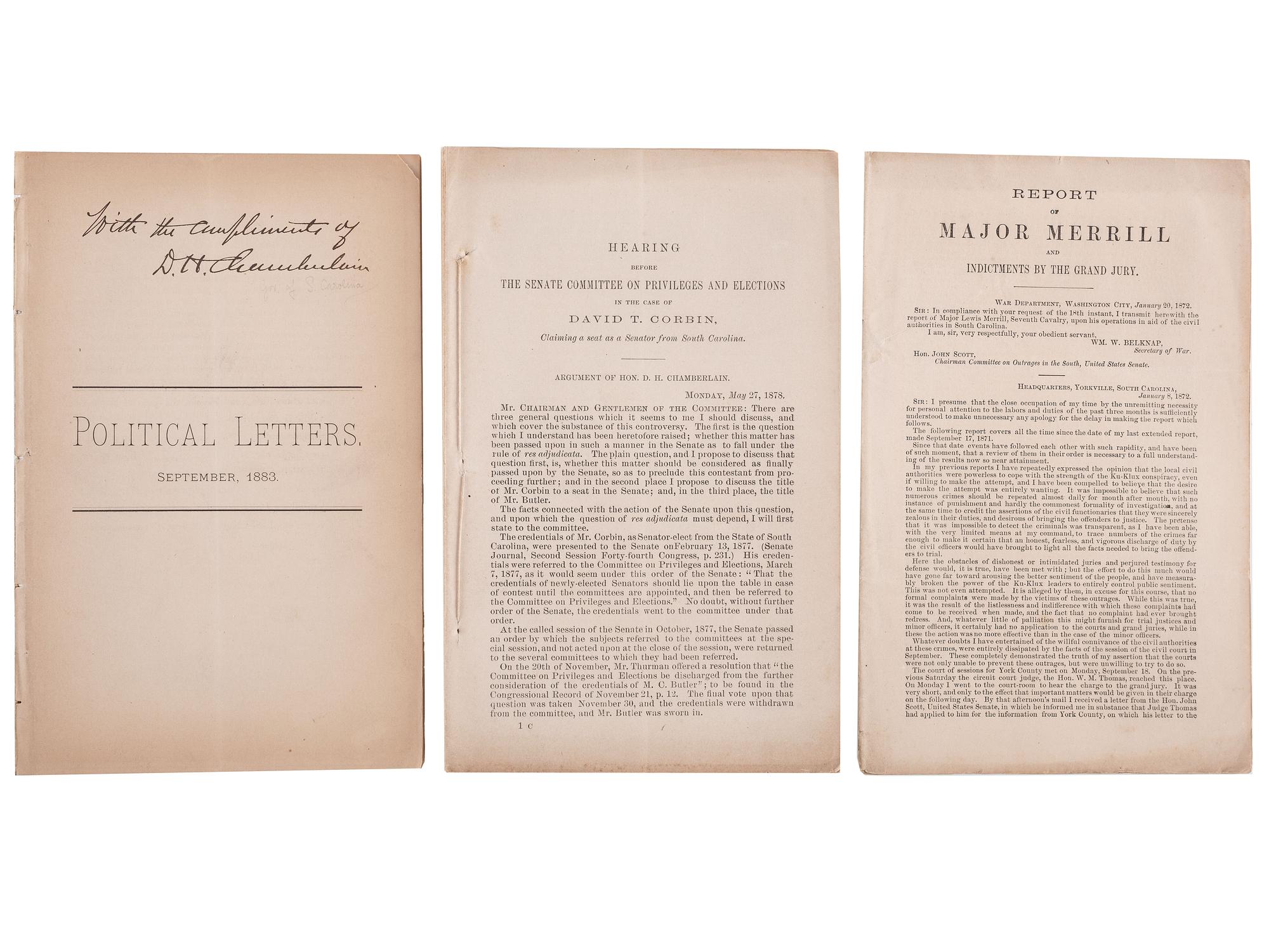 [RECONSTRUCTION]. A group of civil rights and anti-KKK pamphlets South Carolina Governor Daniel Henry Chamberlain and Major Lewis Merrill, comprising: