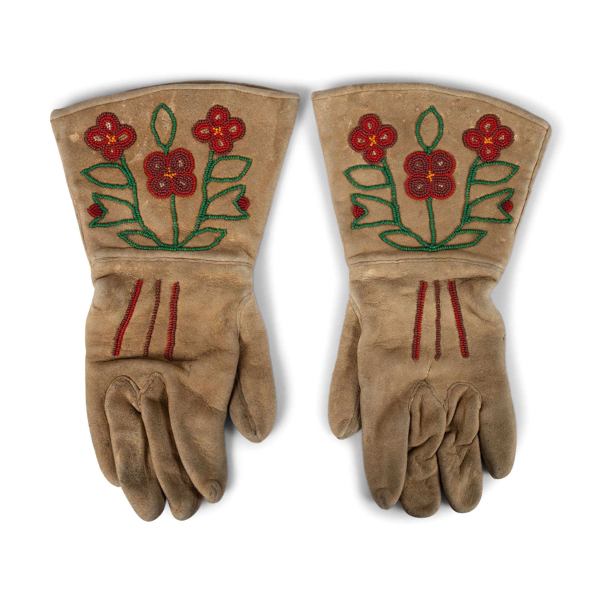 Plateau Beaded Hide Gauntlets, with Floral Pattern