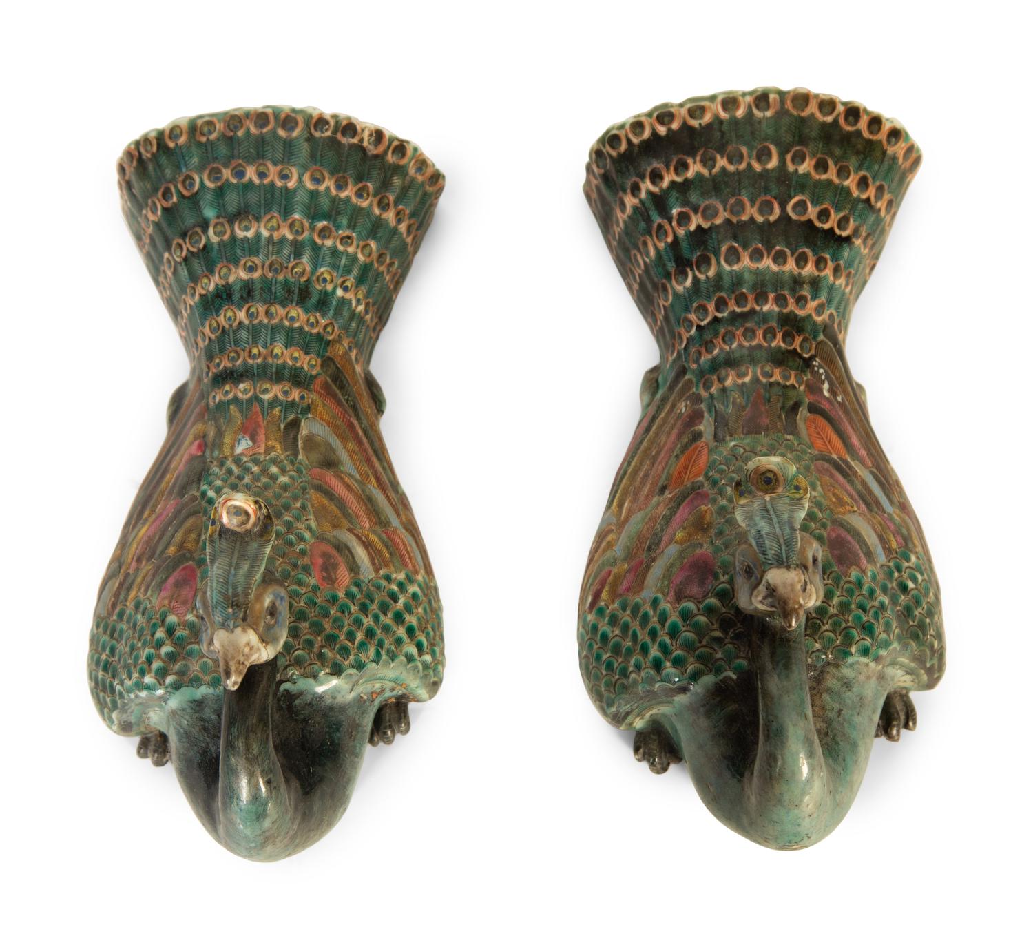 A Pair of Chinese Export Porcelain Peacock-Form Wall-Pockets