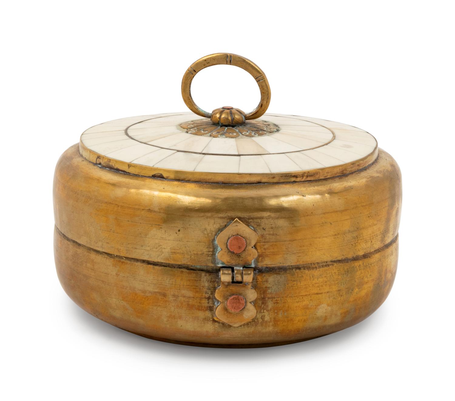 An Indian Bone Veneered Brass Table Casket