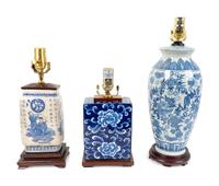 Three Chinese Blue and White Porcelain Table Lamps — 20TH CENTURY