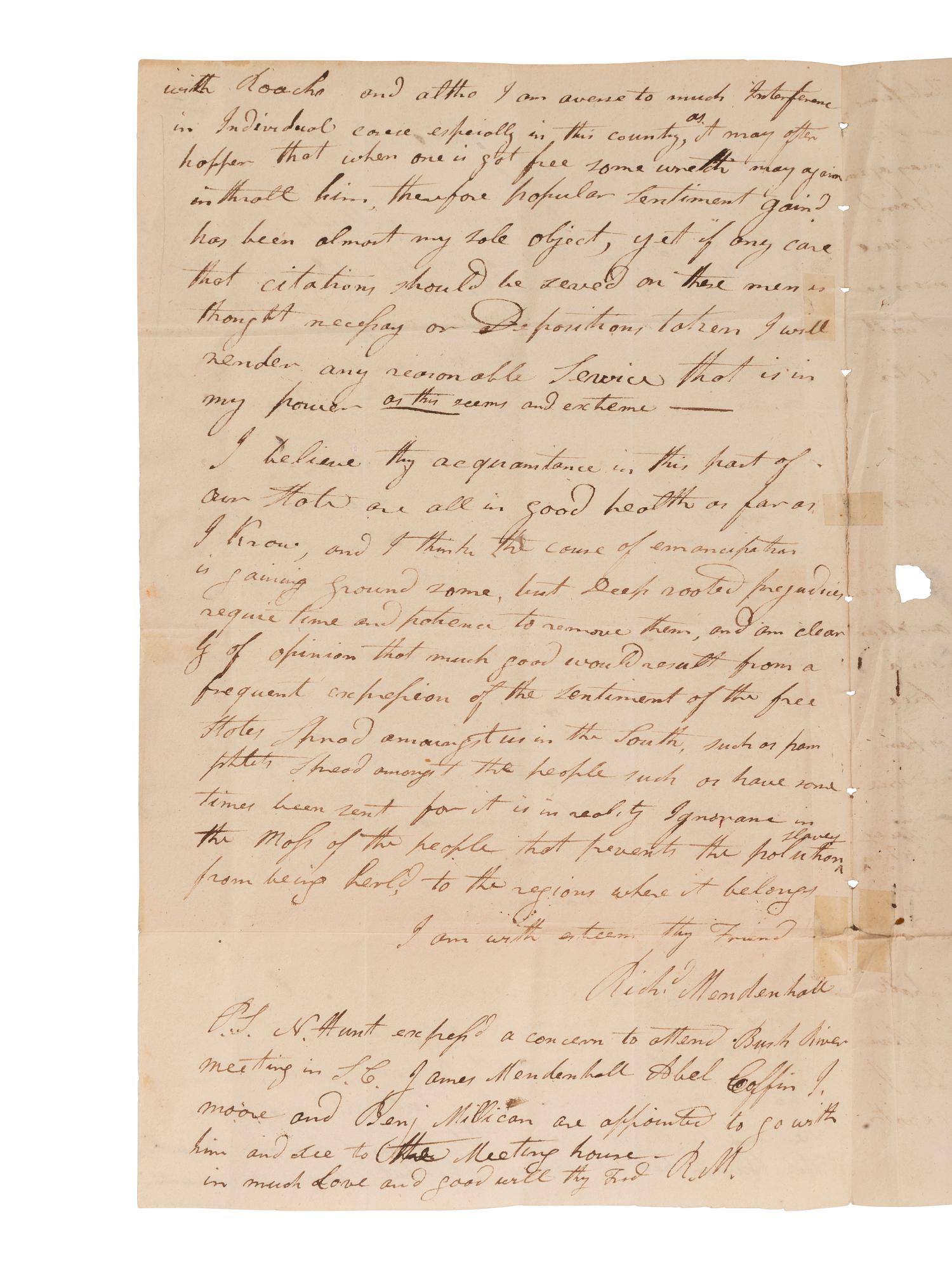 [ABOLITION]. Quaker letter regarding slavery & kidnapping of free Black people. Jamestown, NC, 1827.