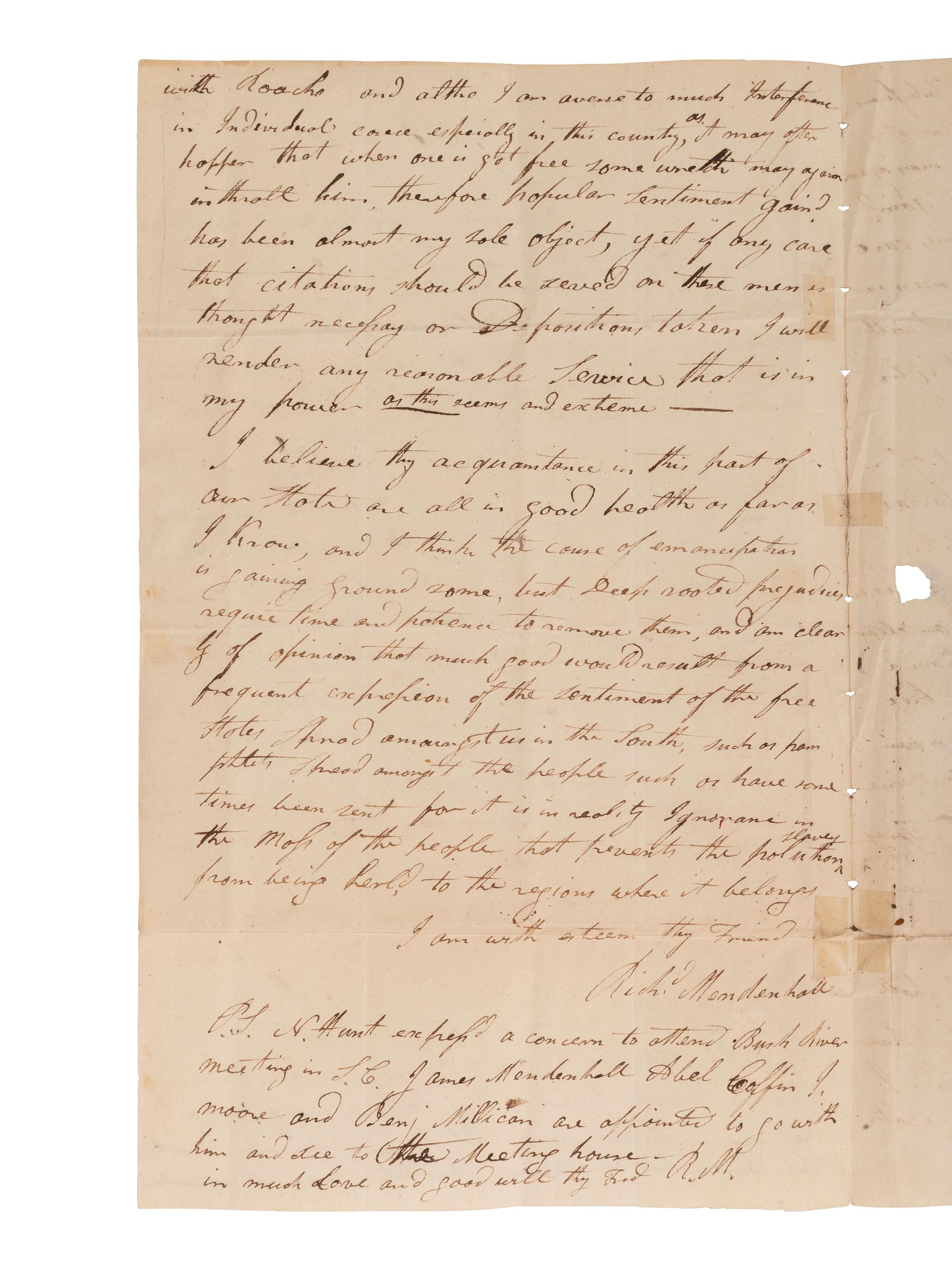 [ABOLITION]. Quaker letter regarding slavery & kidnapping of free Black people. Jamestown, NC, 1827.