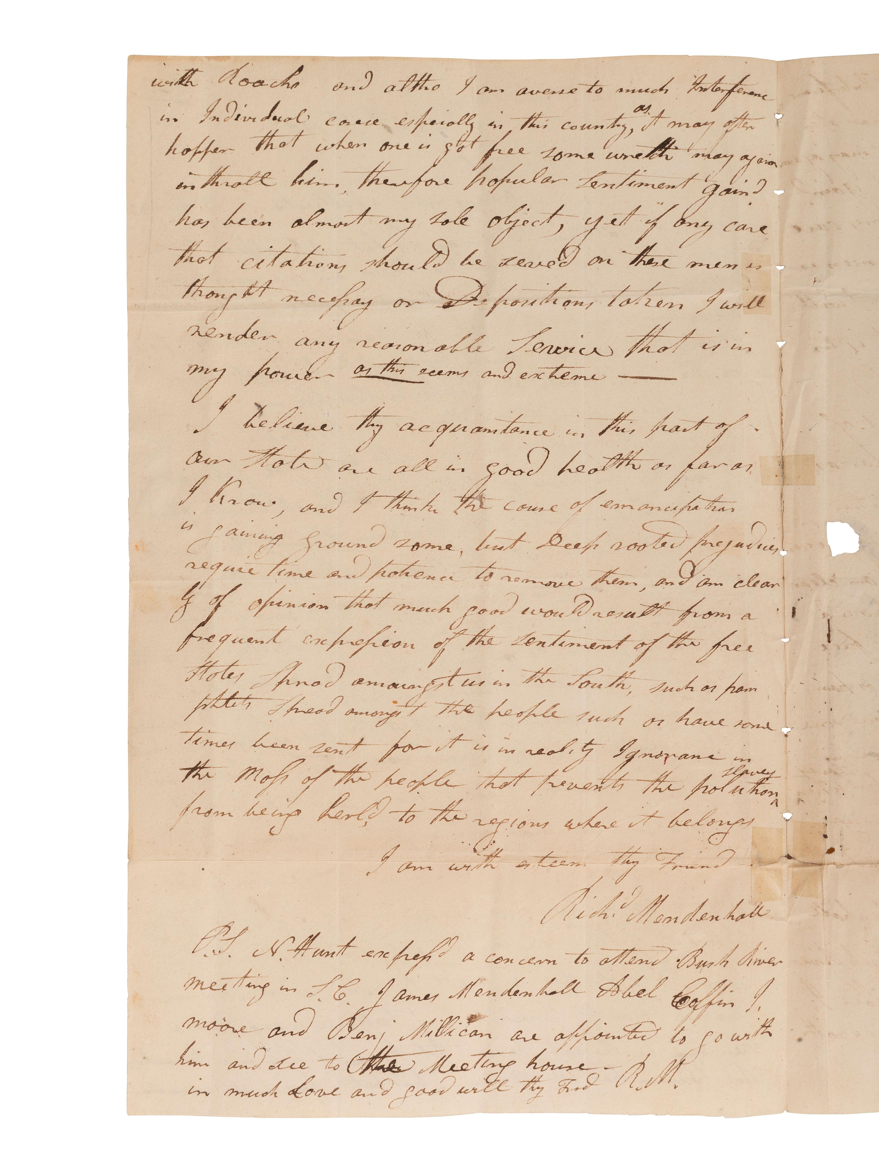 [ABOLITION]. Quaker letter regarding slavery & kidnapping of free Black people. Jamestown, NC, 1827.
