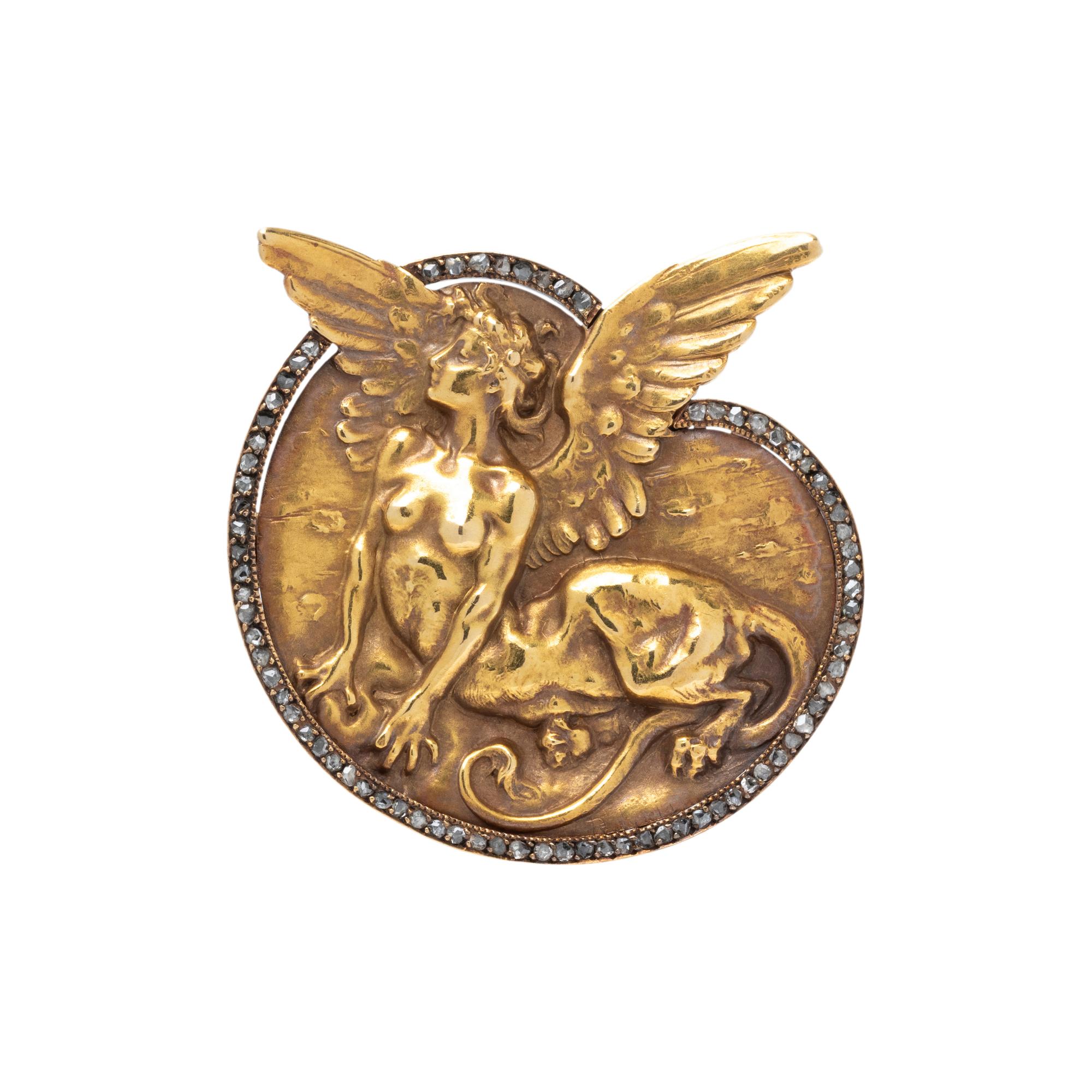 RENÉ LALIQUE, ART NOUVEAU, YELLOW GOLD AND DIAMOND BROOCH