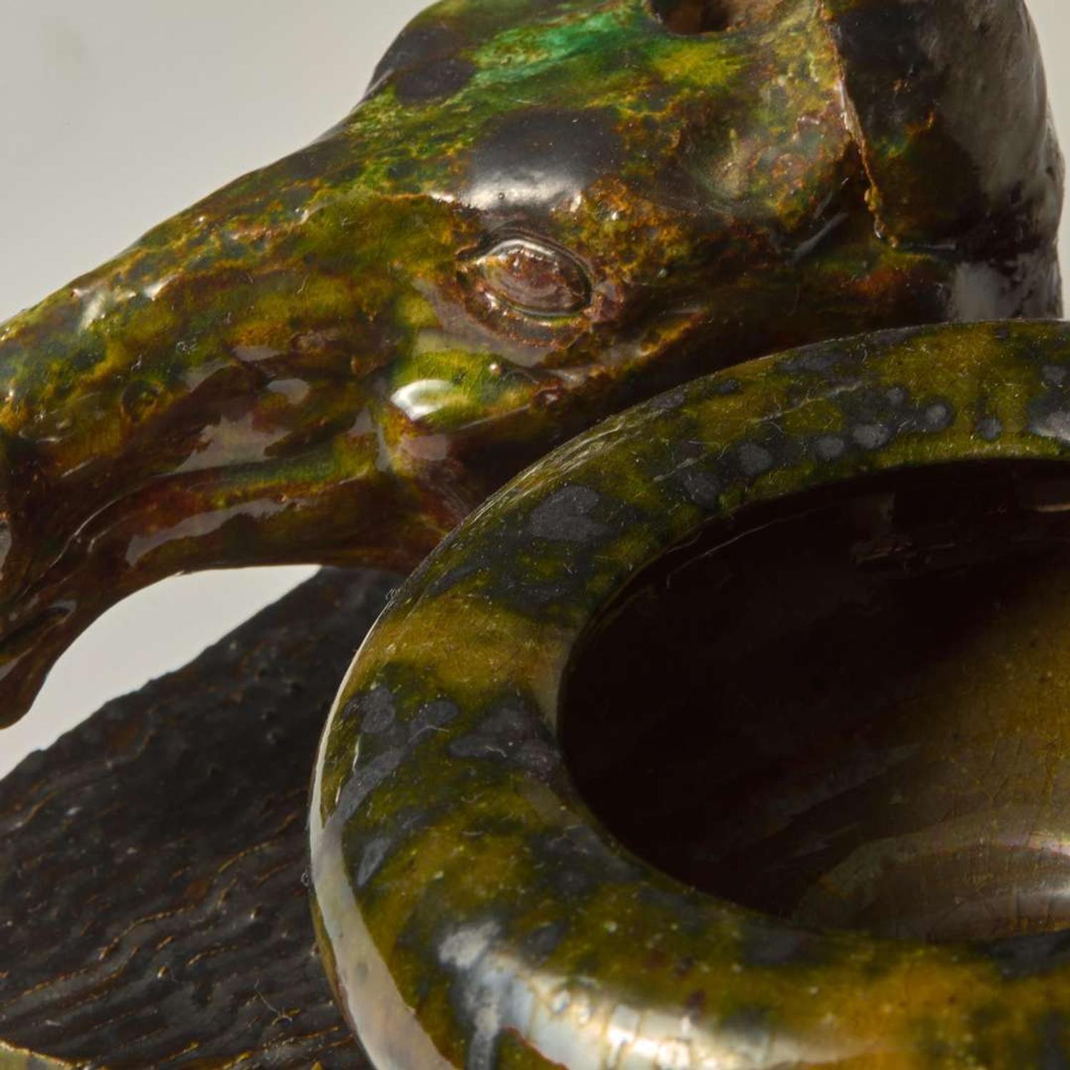 George Ohr (American, 1857-1918) Novelty Inkwell and Pen Tray with Mule in Speckled and Mottled Olive Green and Brown Glaze, Biloxi, Mississippi, USA, circa 1895-1896