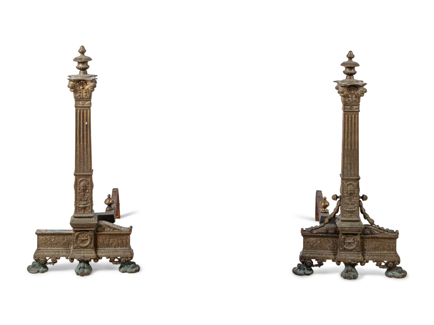 A Pair of Continental Gilt Bronze Andirons with Corinthian Columnar Capitals