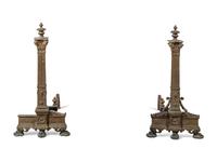 A Pair of Continental Gilt Bronze Andirons with Corinthian Columnar Capitals