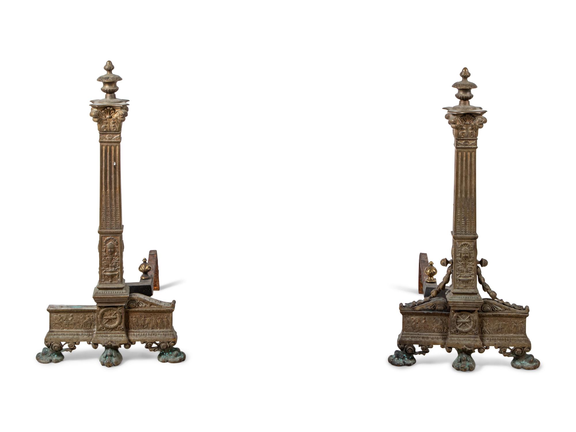 A Pair of Continental Gilt Bronze Andirons with Corinthian Columnar Capitals