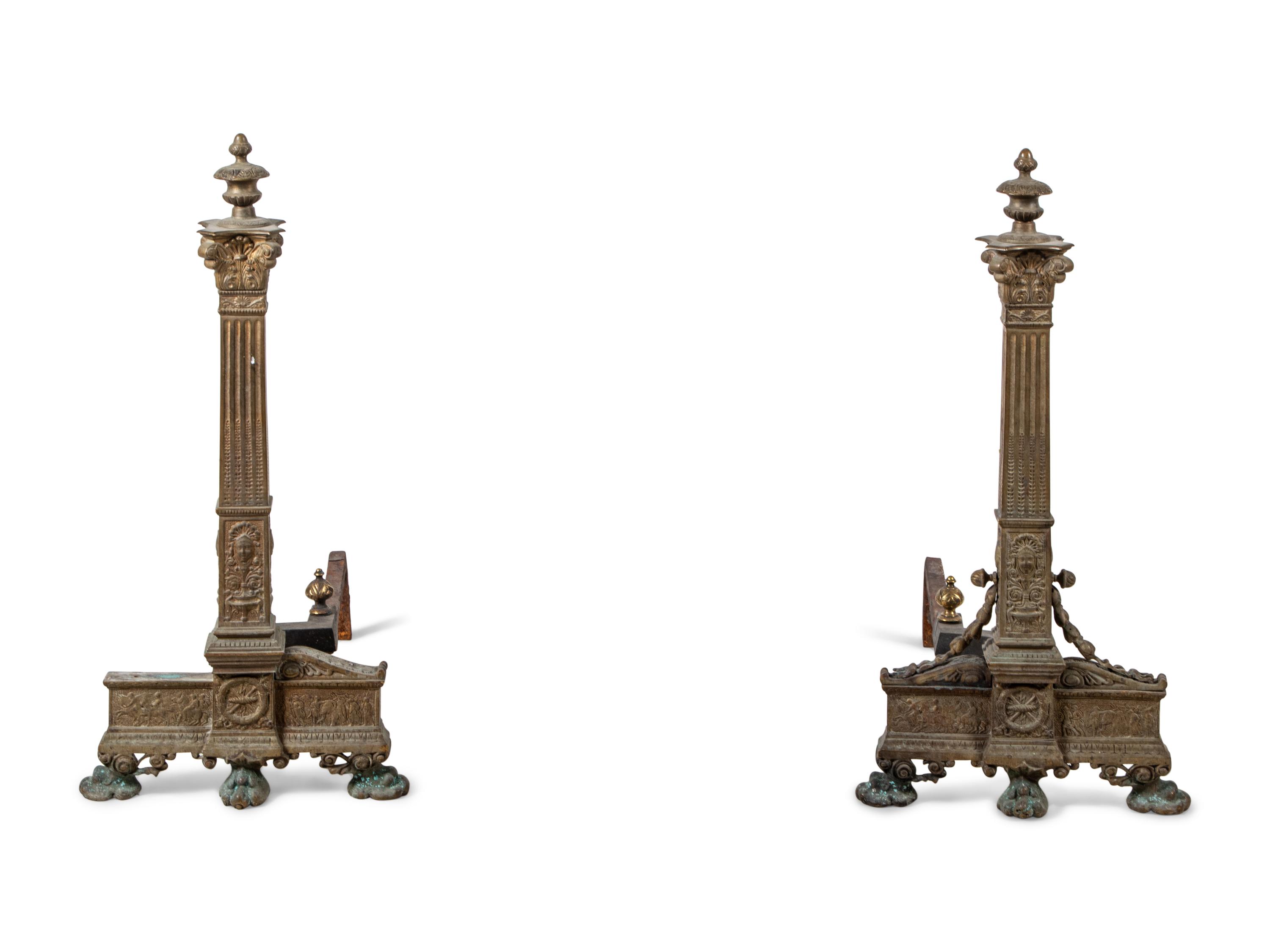 A Pair of Continental Gilt Bronze Andirons with Corinthian Columnar Capitals