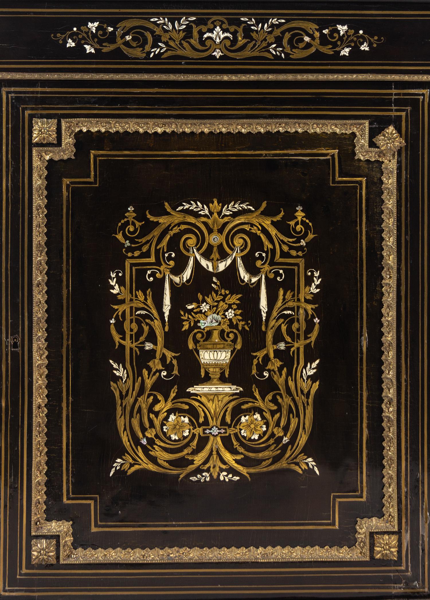 A Napoleon III Pewter and Brass-Inlaid Boulle Marquetry Marble-Top Cabinet