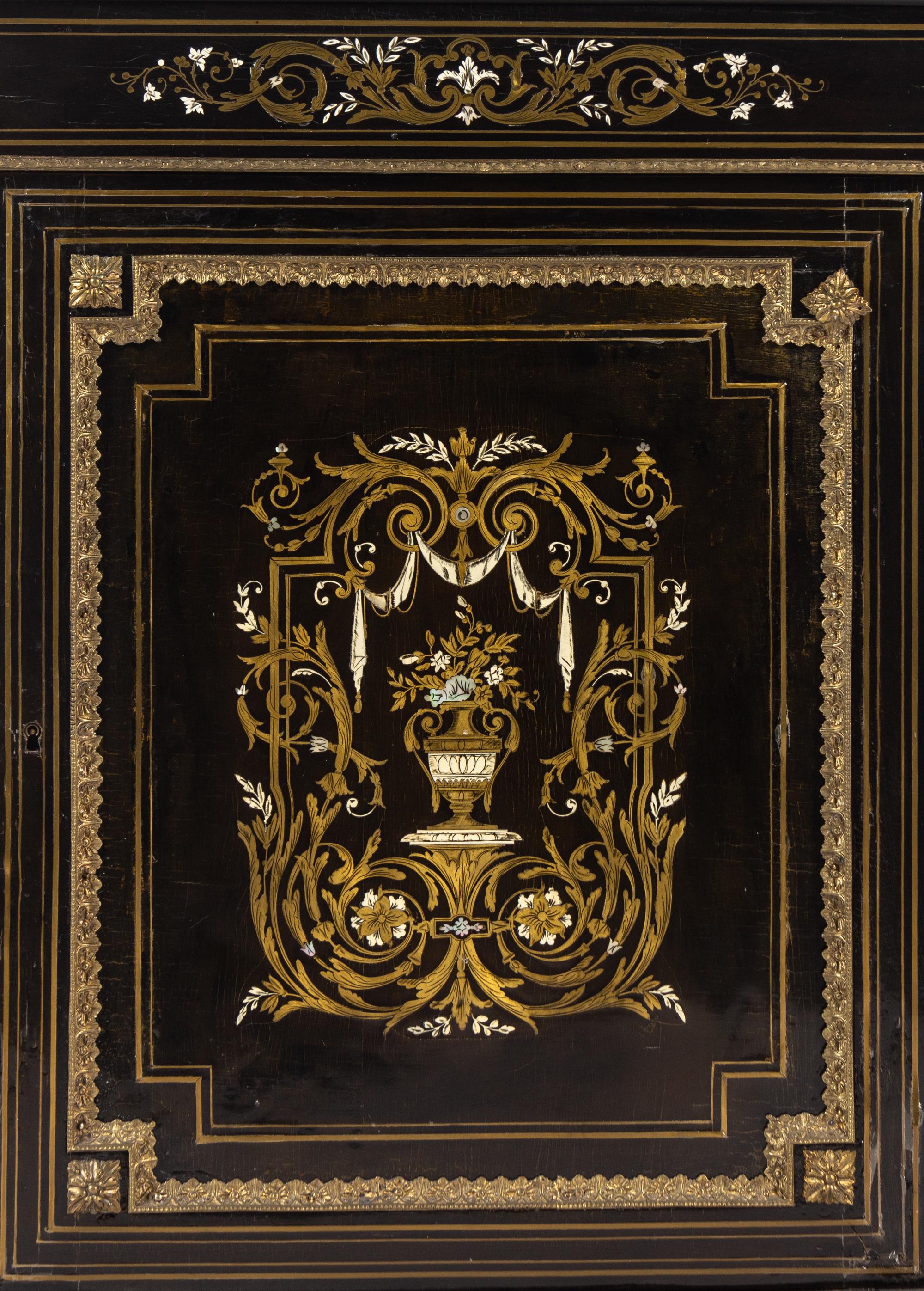 A Napoleon III Pewter and Brass-Inlaid Boulle Marquetry Marble-Top Cabinet