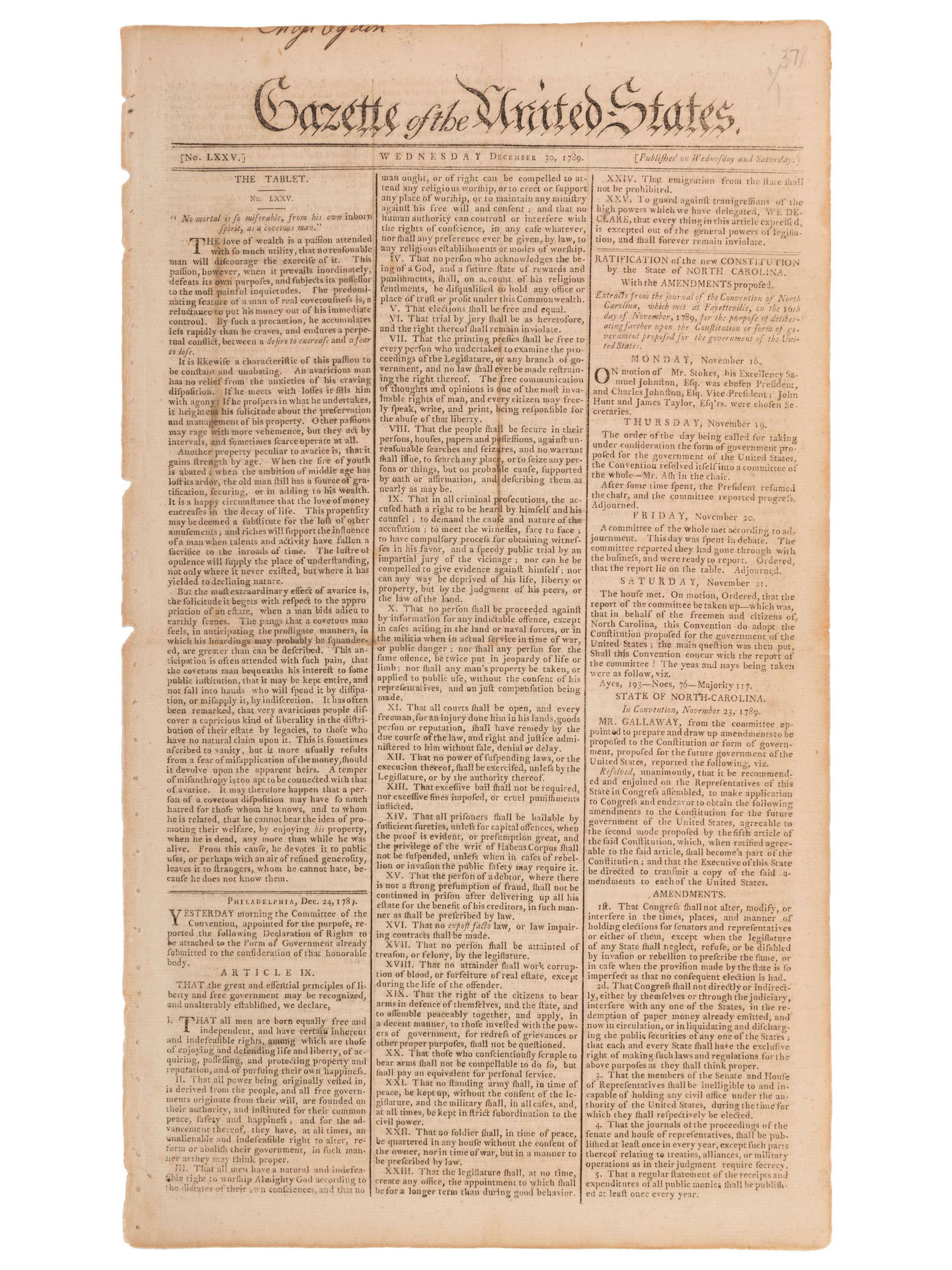 [NORTH CAROLINA]. Gazette of the United States . No. LXXV. New York: John Fenno, 30 December 1789.