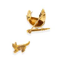 REGNER, YELLOW GOLD BIRD BROOCH AND AN UNSIGNED YELLOW GOLD CAT PIN