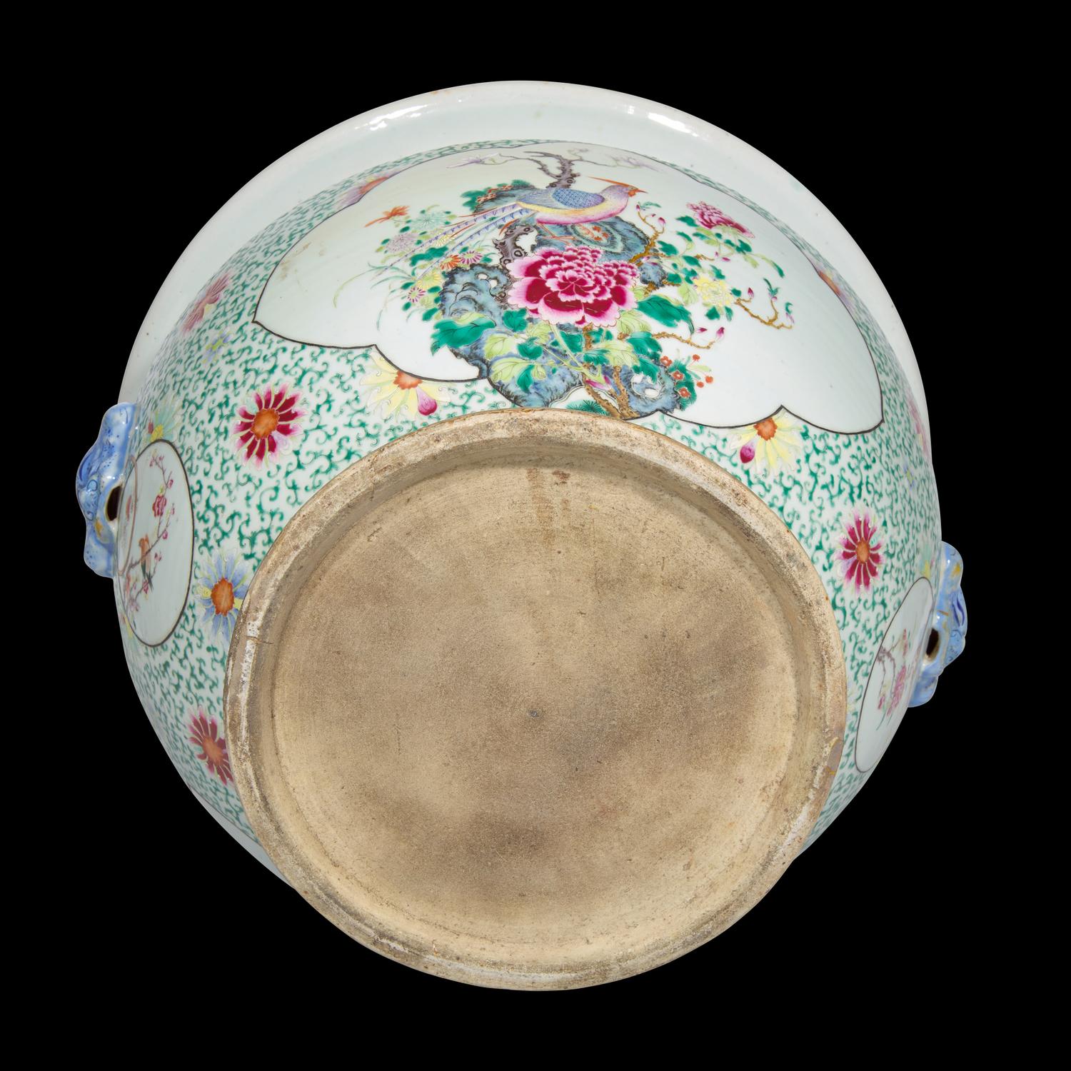 A Large Chinese Famille Rose 'Rooster and Peony' Porcelain Jardiniere 粉彩松石綠地開光牡丹雄鷄圖畫缸
