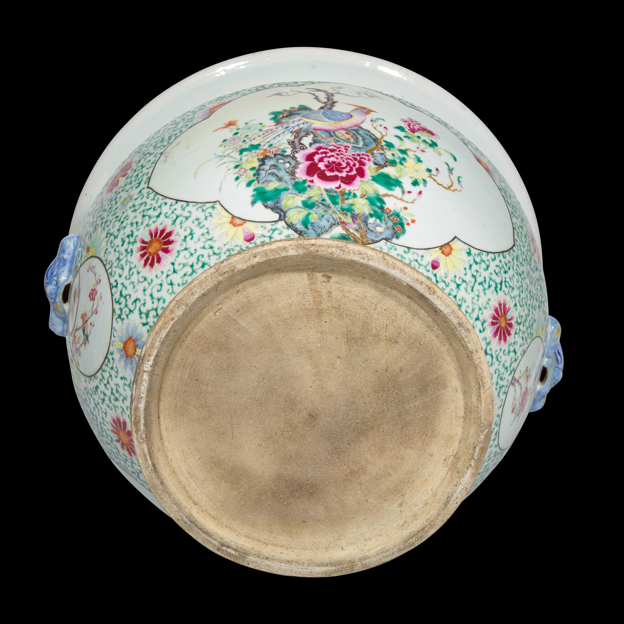 A Large Chinese Famille Rose 'Rooster and Peony' Porcelain Jardiniere 粉彩松石綠地開光牡丹雄鷄圖畫缸
