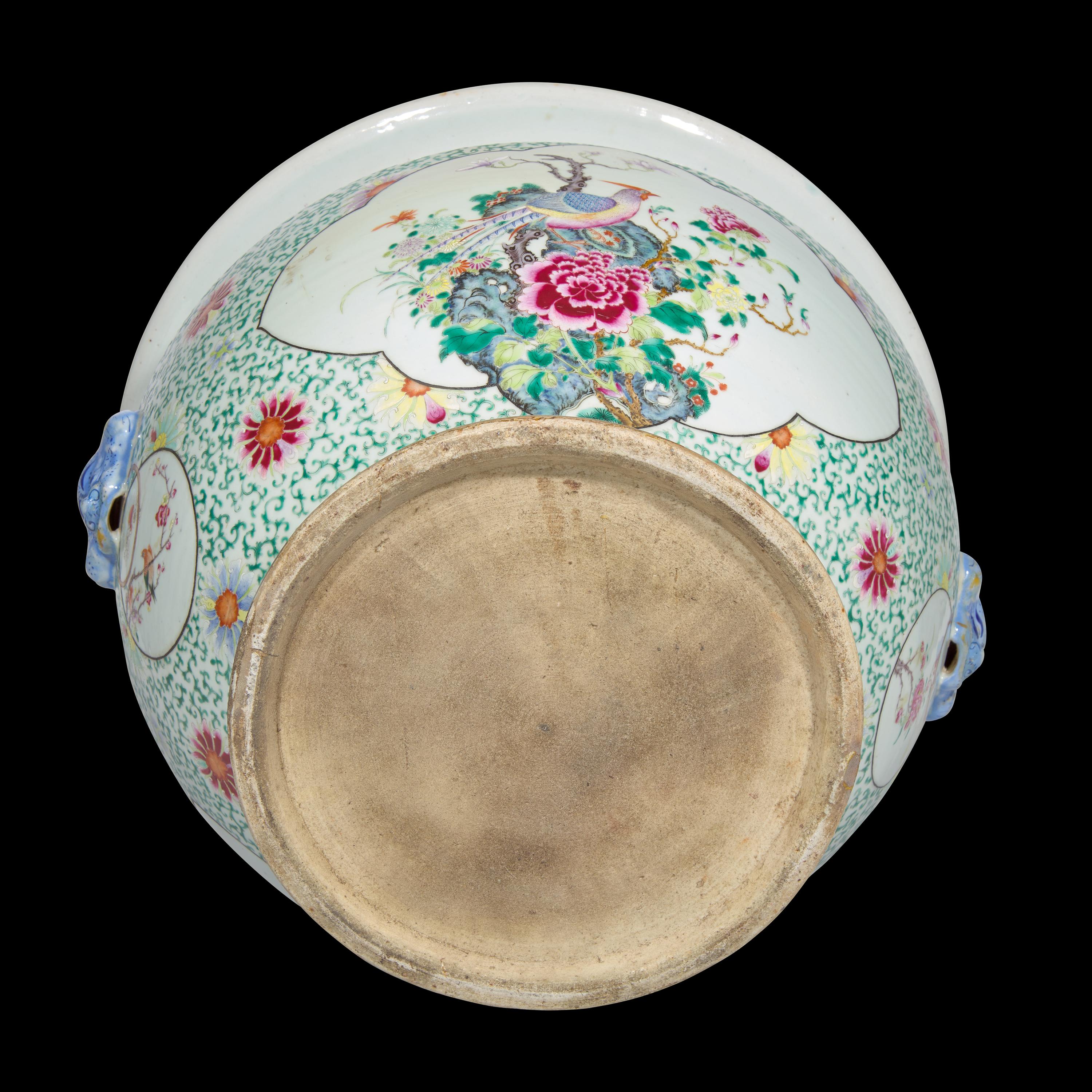 A Large Chinese Famille Rose 'Rooster and Peony' Porcelain Jardiniere 粉彩松石綠地開光牡丹雄鷄圖畫缸