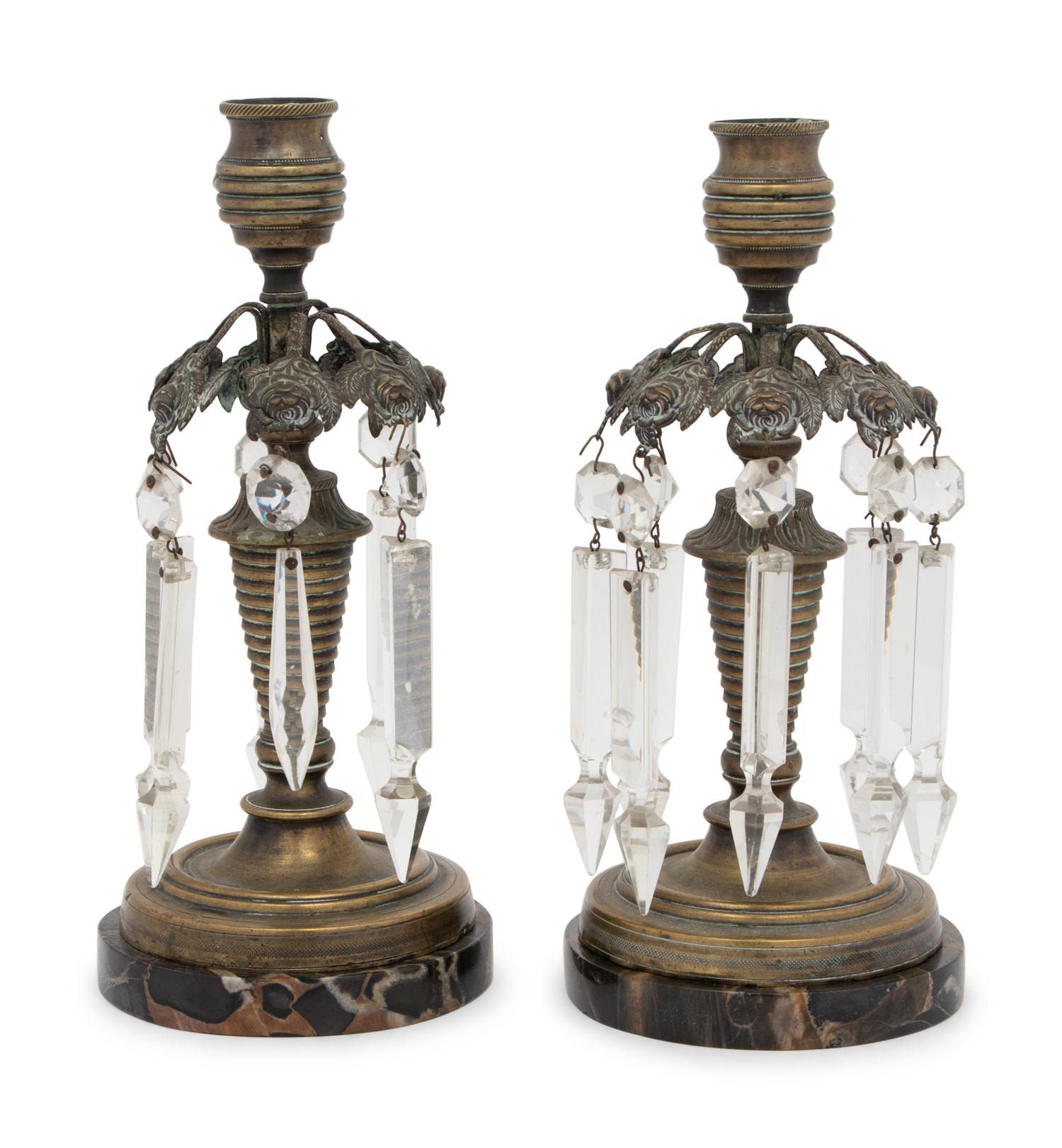 A Pair of Regency Style Gilt Metal and Glass Candlesticks