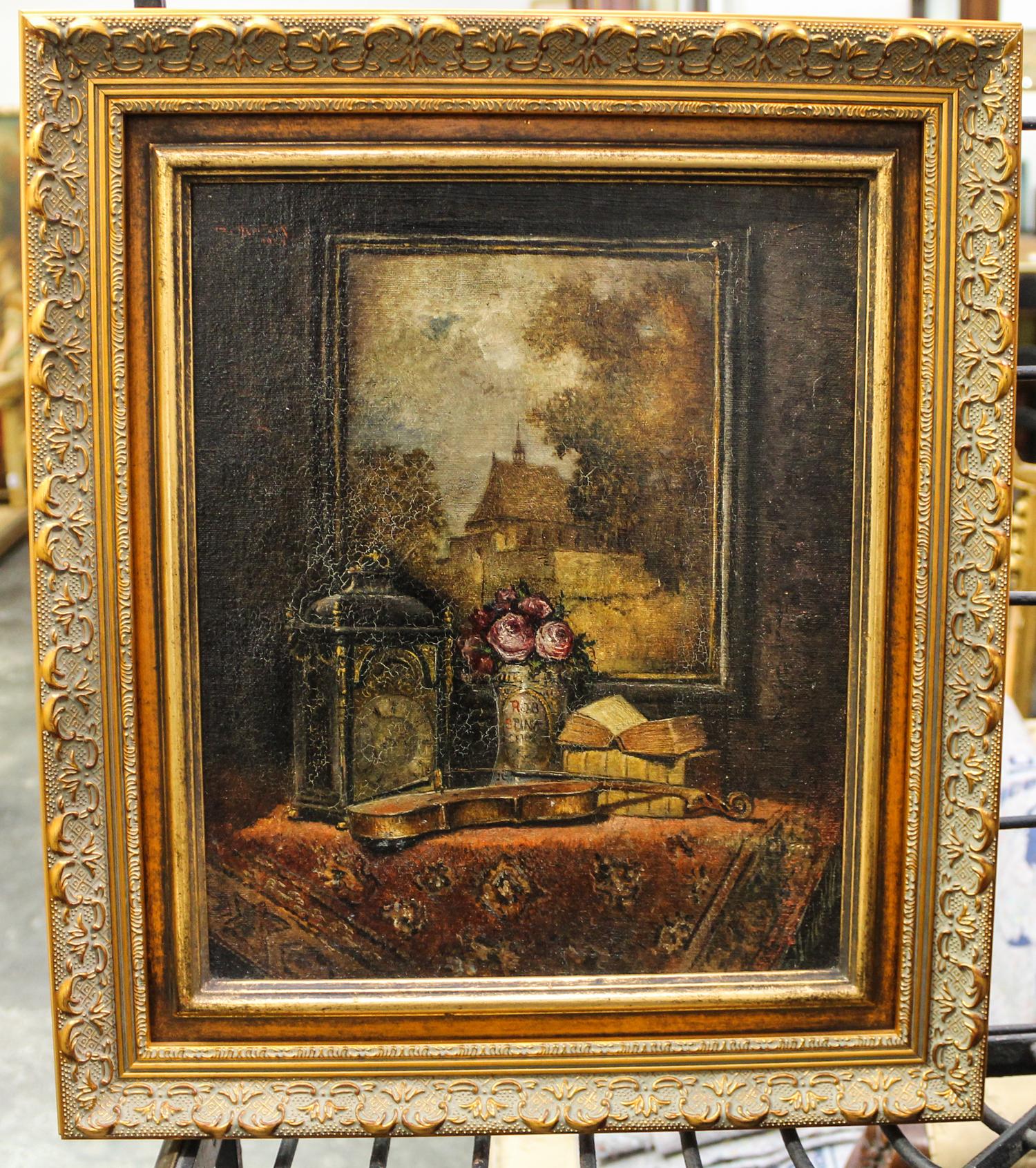 Artist Unknown, , Still Life with Painting, Clock, Vase, Books and Violin