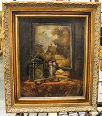 Artist Unknown, , Still Life with Painting, Clock, Vase, Books and Violin