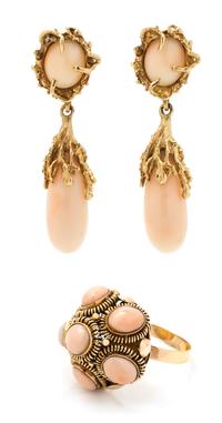 A Collection of Yellow Gold and Angel Skin Coral Jewelry, 12.70 dwts.