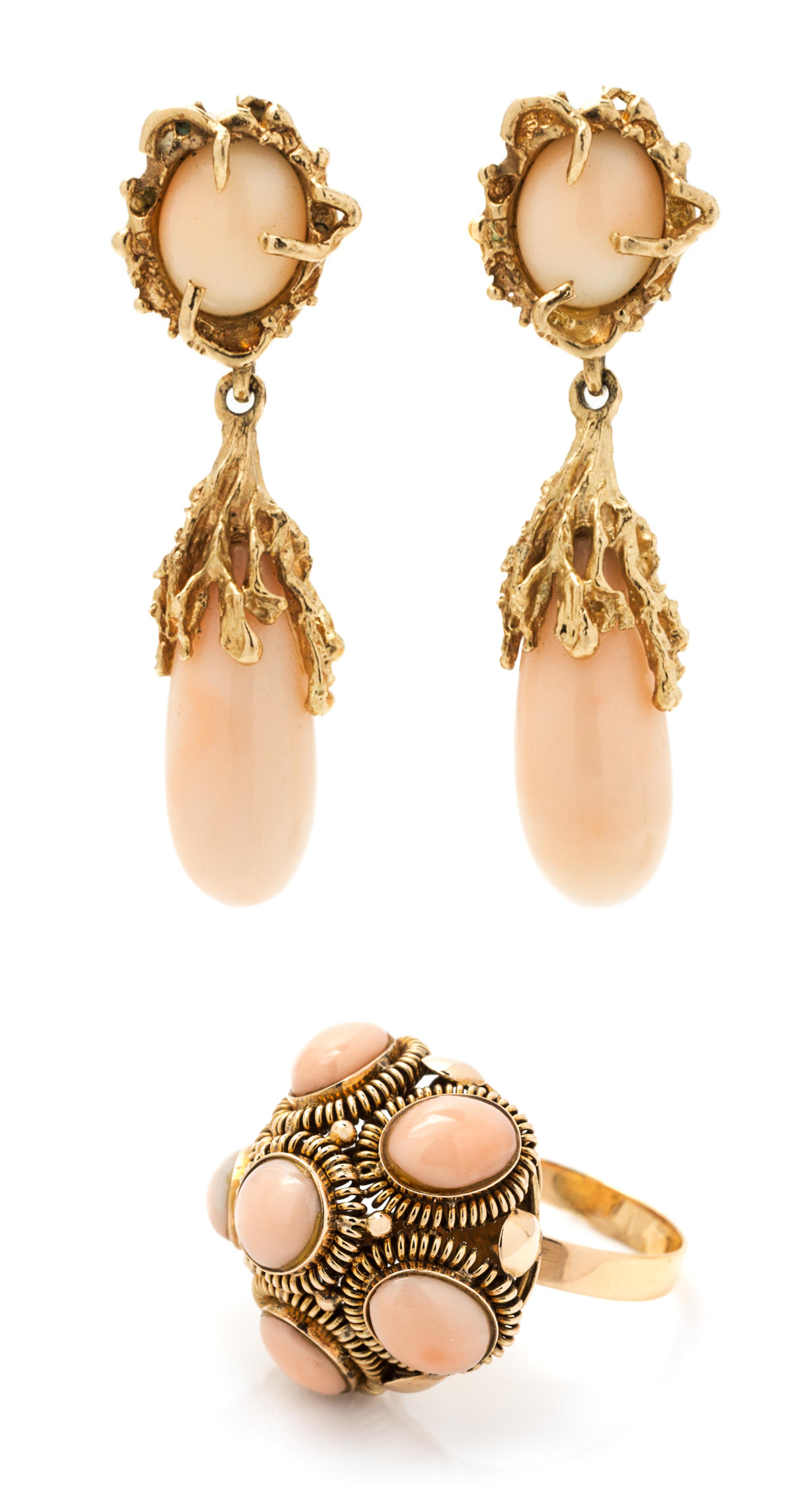 A Collection of Yellow Gold and Angel Skin Coral Jewelry, 12.70 dwts.