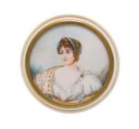 A French Portrait Miniature Inset Box, 19th Century, of circular form, the lid inset with a portrait depicting a lady.