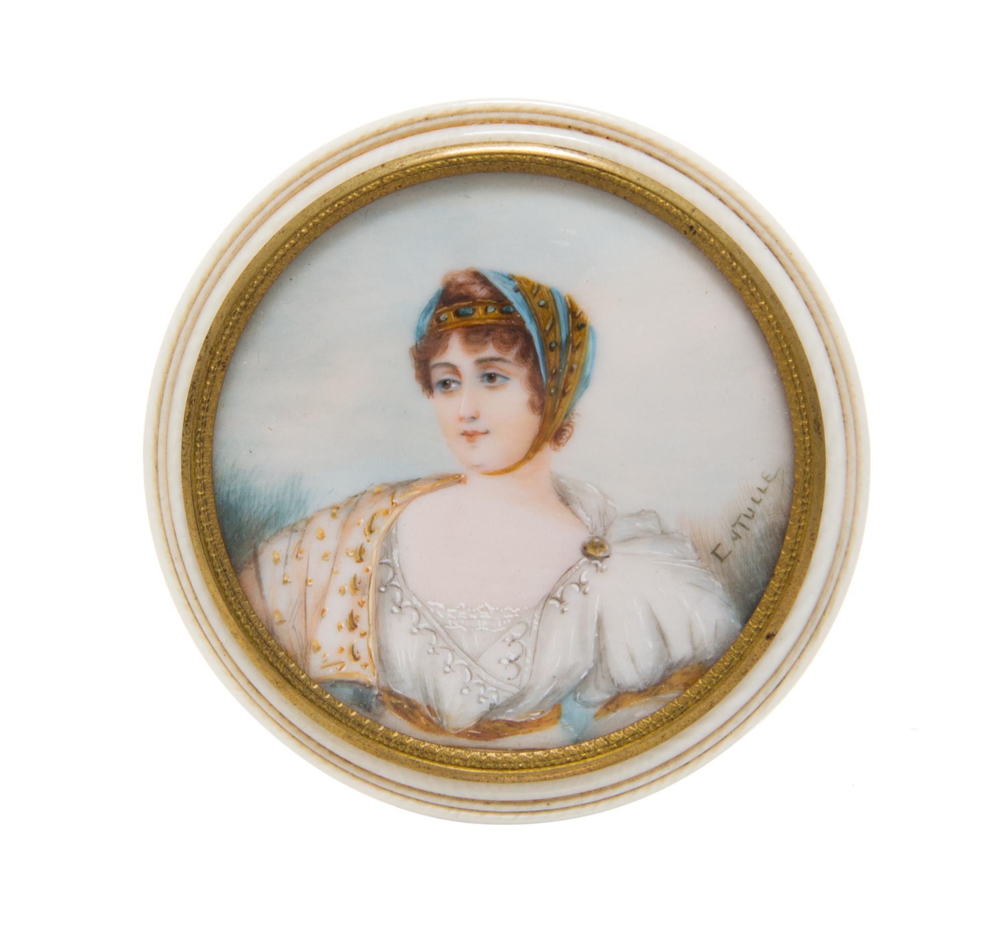 A French Portrait Miniature Inset Box, 19th Century, of circular form, the lid inset with a portrait depicting a lady.